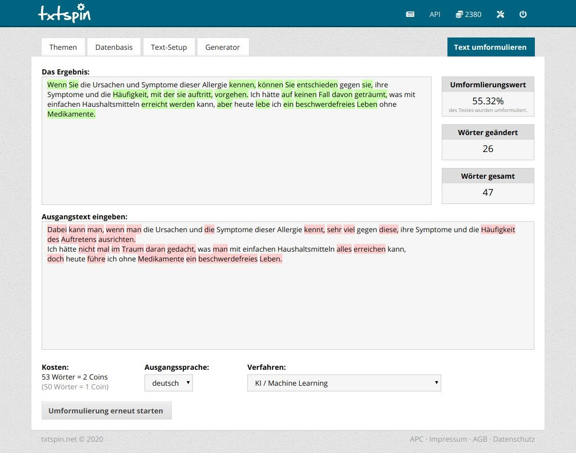 Online-Tool: Texte automatisch umschreiben / umformulieren ≡ txtspin